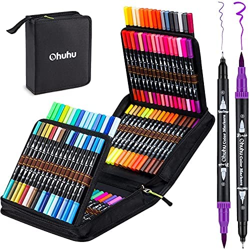 100 Colors Art Markers Set, Ohuhu Dual Tips Coloring Brush Fineliner Color Marker Pens, Water Based Marker for Calligraphy Drawing Sketching Coloring Bullet Journal Art Supplies, Black