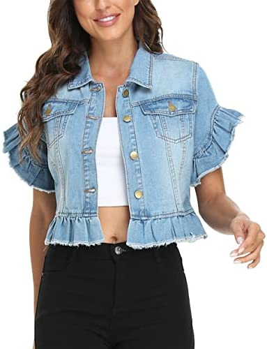 MISS MOLY Women's Denim Jacket Ruffle Sleeve Button Down Distressed Summer Cropped Jean Jackets