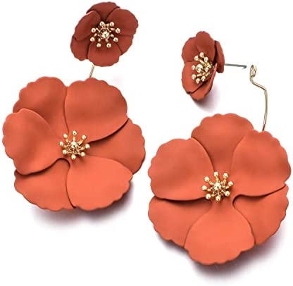 Metal Poppy Flower Dangle Earring- Matte Painted Dual Flower Floral Petal Tiered Drop for Women