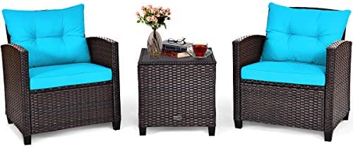 Tangkula 3 Pieces Patio Furniture Set, PE Rattan Wicker 3 Pcs Outdoor Sofa Set w/Washable Cushion and Tempered Glass Tabletop, Conversation Furniture for Garden Poolside Balcony (Turquoise)