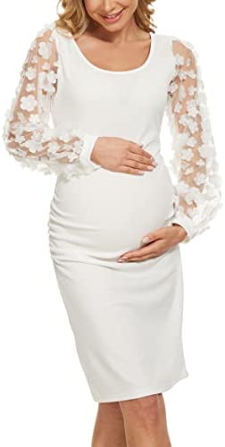Floral Mesh Bishop Sleeve Side Ruched Maternity Dress/Elegant Bodycon Pencil Midi Dress Baby Shower Photoshoot Casual