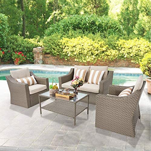 SOLAURA Outdoor Patio Furniture Set 4-Piece Conversation Set All Weather Wicker Furniture Sectional Sofa Set with Glass Coffee Table-Gray