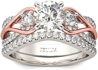 Jeulia Two Tone Rings for Women Rose Gold Three Stone Round Cut Engagement Rings Sterling Silver Halo Bridal Ring Set Anniversary Promise Wedding Ring with Jewelry Gift Box