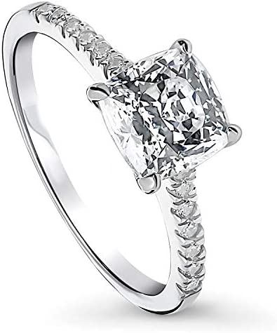BERRICLE Rhodium Plated Sterling Silver Cushion Cut Cubic Zirconia CZ Solitaire Promise Wedding Engagement Ring 2.1 CTW