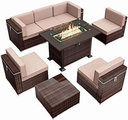 Amopatio 8 Pieces Patio Furniture Set Outdoor with Gas Fire Pit Table, PE Wicker Pit Conversation Set, 44" Gas Fire Patio Sectional Furniture with Khaki Cushions, Coffee Table, Two Waterproof Covers