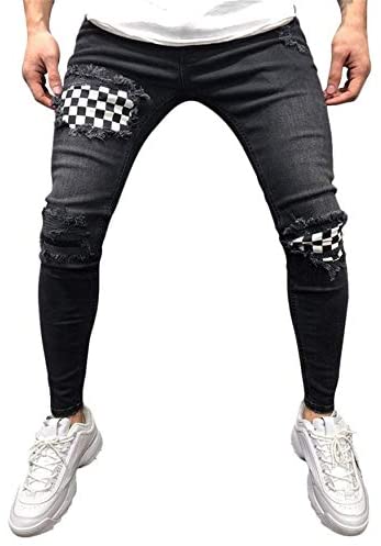 Andongnywell Men's Skinny Moto Biker Ripped Jeans Destroyed Stretch Denim Pants Trousers with Zipper Button Pocket