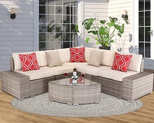 BPTD Outdoor Patio Furniture Set,PE Wicker Rattan Patio Multipurpose Sectional Conversation Furniture, Coffee Table and Cushions for Lawn, Garden, Poolside, Balcony, Backyard (Gray/Ecru White)