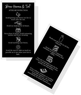 Brow Henna and Tint Aftercare Instruction Cards | 50 Pack | Physical Printed 2 x 3.5” inches Business Card Size | Starter Lift Kit with Tint at home diy supplies | Black with White Icon Design