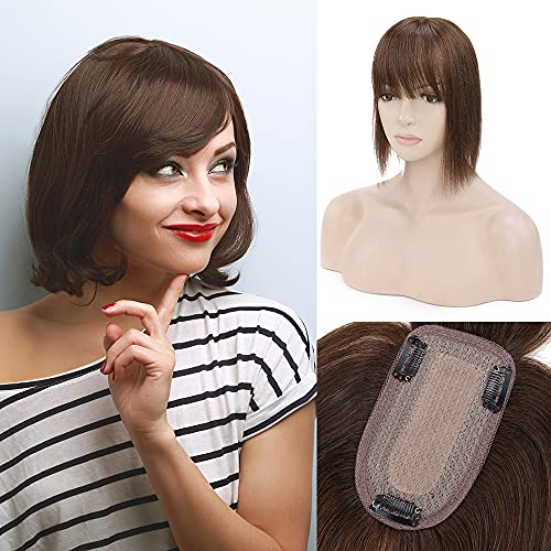 Hair Toppers with Bangs Silk Base Clip in Topper Hairpieces Remy Human Hair Toppers Hair Piece For Women Hair Loss Thinning Hair Cover Gray Hair 6 Inch #04 Medium Brown