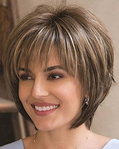 Jolnvca Pixie Cut Layered Short Brown Wigs with Bangs Straight Synthetic Hair Wigs for White Women (Blonde Mixed Brown)