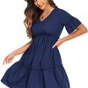 Leaduty Women's Dresses Summer Casual Ruffle Short Sleeve V-Neck Midi Dress Flowy Swing A Line Beach Dress (B-Navy Blue,XX-Large)