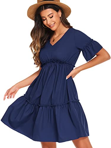 Leaduty Women's Dresses Summer Casual Ruffle Short Sleeve V-Neck Midi Dress Flowy Swing A Line Beach Dress (B-Navy Blue,XX-Large)