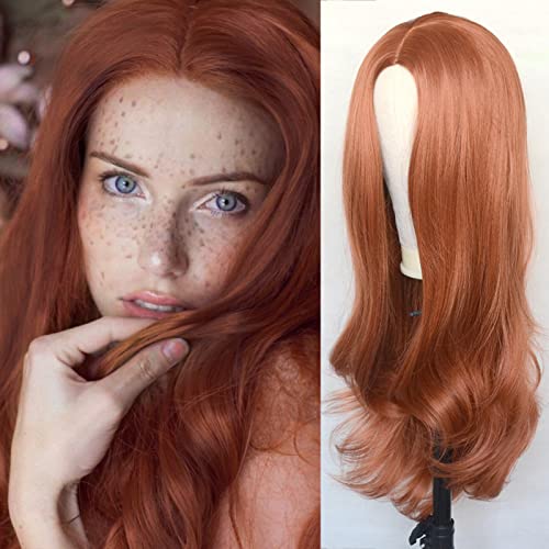 Luwigs Copper Red #350 Natural Wavy Synthetic Wig for Women No Lace Reddish Brown Heat Resistant Replacement Wigs 22Inch Middle Parting