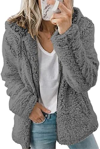 Mayntop Women Furry Jacket Hooded Coat Plus Size Solid Color Polar Fleece Shearling Sherpa Pocket Lambswool Zipper Outerwear