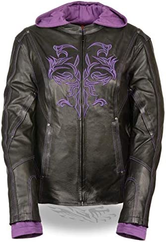 Milwaukee Leather Women's Reflective Tribal 3/4 Length Black/Purple Leather Jacket with Gun Pocket