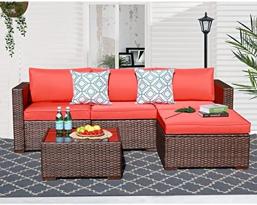 OC Orange-Casual Outdoor Sofa Sectional Set Patio Furniture Sets All-Weather Brown PE Wicker with Orange Cushion and Coffee Table Fits for Porch, Backyard, Poolside (5 Pieces)