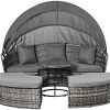 Outsunny 4 Pieces Patio PE Wicker Lounge Set, Outdoor Rattan Garden Conversation Furniture Set, Round Sofa Bed with Cannopy, Cushioned, Adjustable Coffee Table, Grey