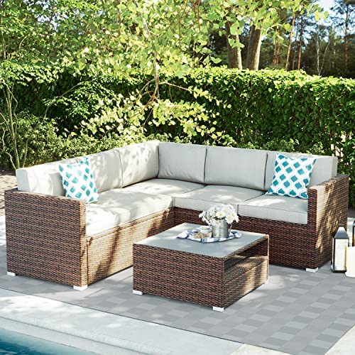 SUNBURY 4-Piece Outdoor Sectional Wicker Sofa Patio Furniture Set w Grey Thinck Cushions, Patio Conversation Set w Brown PE Resin Wicker, Tempered Glass Coffee Table, Waterproof Cover for Backyard