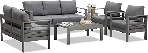 Wisteria Lane Aluminum Outdoor Patio Furniture Set, Modern Patio Conversation Sets, Outdoor Sectional Metal Sofa with 5 Inch Cushion and Coffee Table for Balcony, Garden, Dark Grey