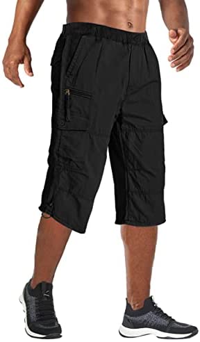 Wohthops Men's Cargo Shorts Below Knee Big and Tall Casual 3/4 Capri Pants Elastic Waist with Multi Pockets