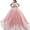 XYAYE Off Shoulder Quinceanera Dresses Ball Gowns for Women 2021 Lace Puffy Tulle Long Prom Dresses with Train XY035