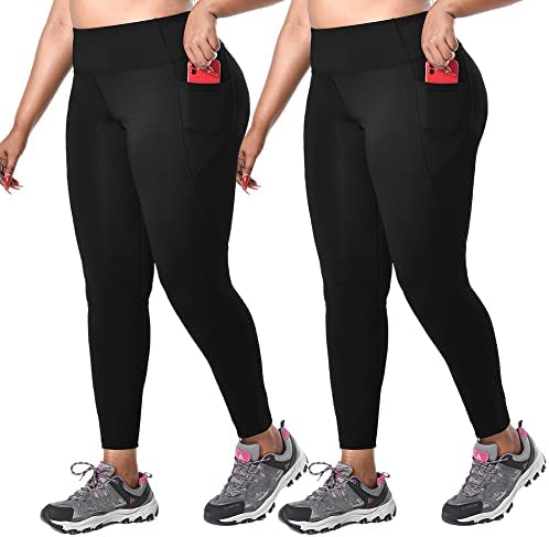 yeuG Women's Plus Size Leggings with Pocket-2 Pack High Waist Tummy Control Yoga Pants Spandex Workout Running Black Leggings