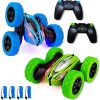 2 Pack Remote Control Car, RC Stunt Cars for Boys, 4WD 2.4Ghz Double Sided 360° Rotating RC Car for Kids, 4 Rechargeable Battery, Blue+Green