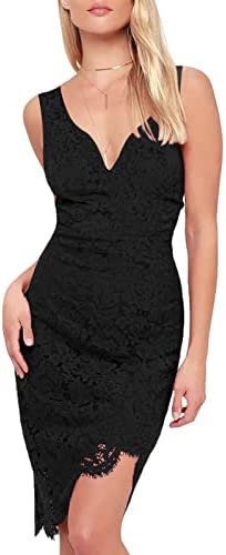 AOOKSMERY Women Sleeveless V Neck Floral Lace High Low Cocktail Dress Casual Evening Bodycon Pencil Dresses