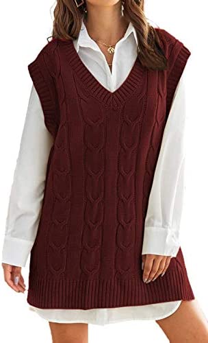 Aiopr Women's Knitted Sweater Vest V Neck Casual Loose Oversized Sleeveless Preppy Pullover Jumpers