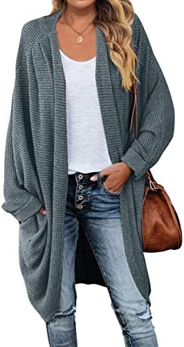 MEROKEETY Women's Waffle Knit Batwing Long Sleeve Cardigan Loose Open Front Sweater Coat