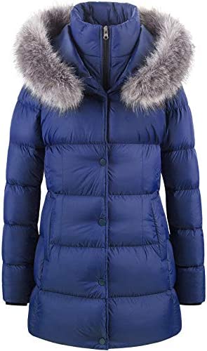 CREATMO US Women's Winter Snow Jacket Long Fur Puffer Coat With Removable Faux Fur Trim