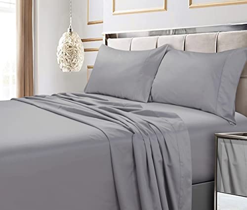 Tribeca Living Bed Sheet Set, Soft Egyptian Cotton Sateen Solid Sheets and Pillowcase Set, Deep Pocket, 600 Thread Count, 6-Piece Luxury Bedding, Queen, Silver Grey