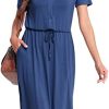 Women Dresses Short Sleeve V-Neck T Shirt Skater Stretchy Button Down Loose Casual Dress with Pockets Knee Length
