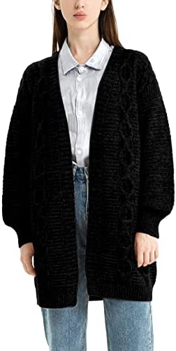 YIU ZAMM Women's Open Front Lightweight Long Sleeve Solid Color Cable Knit Cardigan Sweaters Coat Outwear