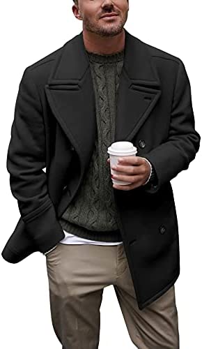 Mens Peacoat Double Breasted Trench Coat Lapel Collar Mid Length Wool Blend Top Coat Winter Outerwear Black