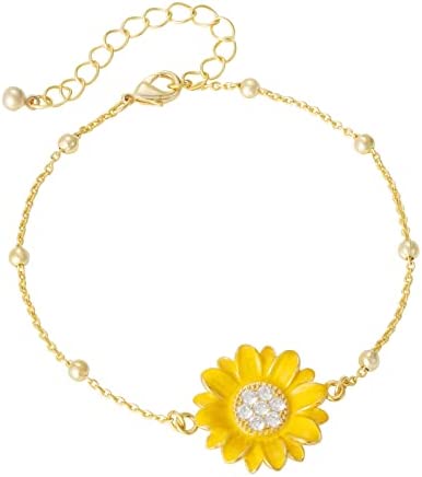 Lourny Sunflower Charm Link Bracelet, 16K Gold Plated Adjustable Bead Chain Daisy Zirconia Bracelets for Women Girls