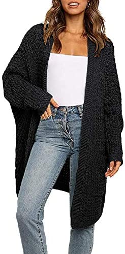 Gothden Women's Casual Open Front Cardigans Long Batwing Sleeve Chunky Cable Knit Sweaters Coat with Pockets