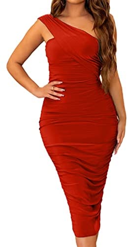 Ekaliy Women's One Shoulder Ruched Bodycon Midi Dress Sexy Sleeveless Club Party Cocktail Long Dresses