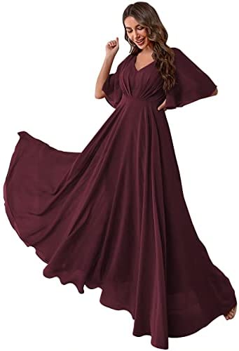OYI Women's Batwing Sleeve Chiffon Bridesmaid Dresses with Pockets V Neck Long Formal Evening Dress YZTS054