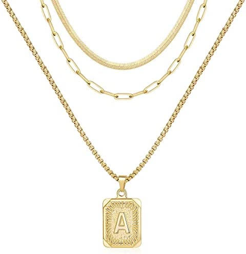 Layered Initial Necklaces for Women, 14K Gold Plated Layering Snake Choker Necklace Paperclip Chain Necklace for Women Square Pendant Letter Initial Necklaces Gold Layered Necklaces for Women Jewelry