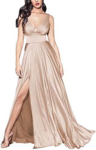 YUAOHUANG Women's Satin V Neck Bridesmaid Dresses for Wedding Long with Slit Formal Evening Party Gowns