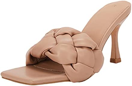 LPCBDEE Womens Braided Heeled Sandals Square Open Toe Slip On Stiletto Slide Shoes