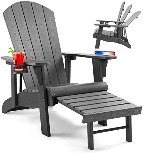 Leteuke Adirondack Chair with Ottoman, Oversized Adirondack Chair with Adjustable Backrest and 2 Cup Holder, Weather Resistant Adirondack Chair for Patio, Outdoor, Fire Pit, Garden, Deck, Dark Gray