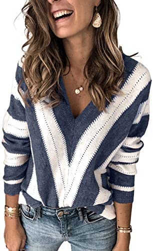 Elapsy Womens Color Block Striped V Neck Sweater Long Sleeve Pullover Knitted Sweater S-2XL
