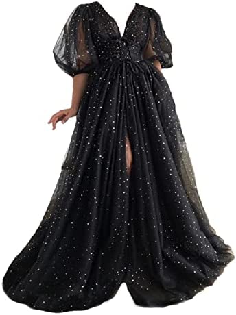 Xijun Women's Sparkle Starry Tulle Puffy Sleeve Prom Dresses Formal Evening Gowns with Split