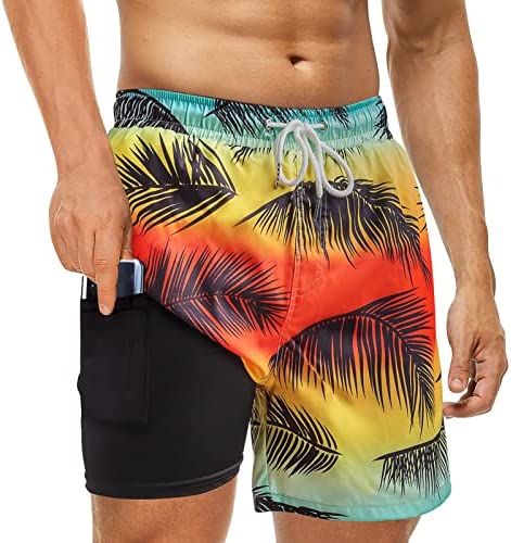 Mens Swim Trunks with Compression Liner 2 in 1 Quick Dry Bathing Suit Swim Shorts Boxer Brief Liner
