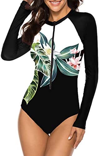 SELINK Women's Long Sleeve Rash Guard UV Protection Zipper Printed Surfing One Piece Swimsuit Bathing Suit