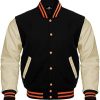 Baseball Varsity Bomber School Letterman Jacket Genuine Leather Sleeves Wool Body (Black /Red)
