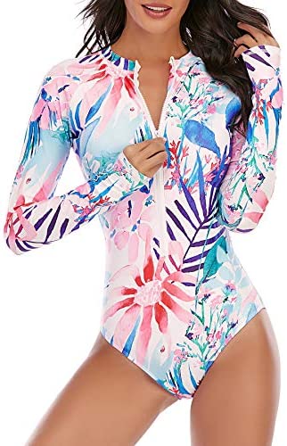 Zando Long Sleeve Swimsuit Women UPF 50+ One Piece for Womens Zip Floral Athletic Swim Wear Bathing Suit