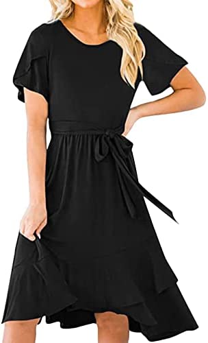 AMILIEe Women's Summer Midi Dress Solid Color Short Sleeve Irregular Hem Dress with Belt